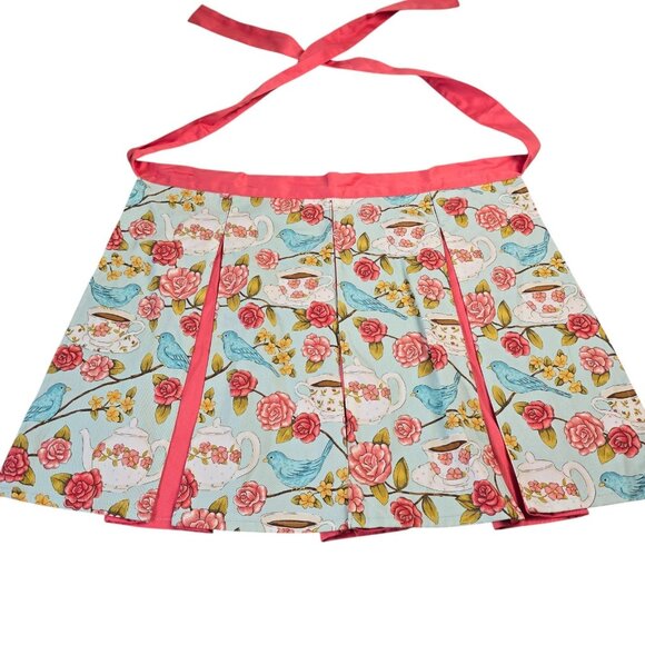 Ritz Apron Half Bluebird Rose Teapot Print Aqua Pink Vintage Cottagecore Kitchen - Picture 1 of 11